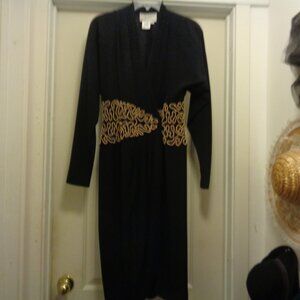 RETRO VINTAGE DRESSY GIRL BLACK WRAP DRESS W GOLD BRASSY BEADS 6